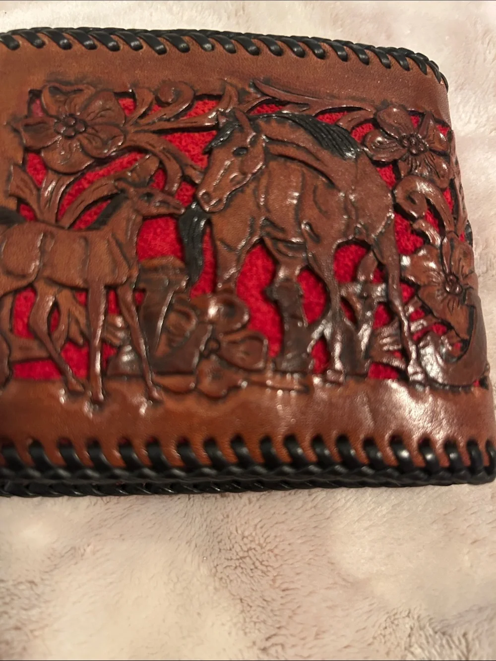 Handcrafted Tooled Leather Horse Bifold Wallet in Brown & Red
